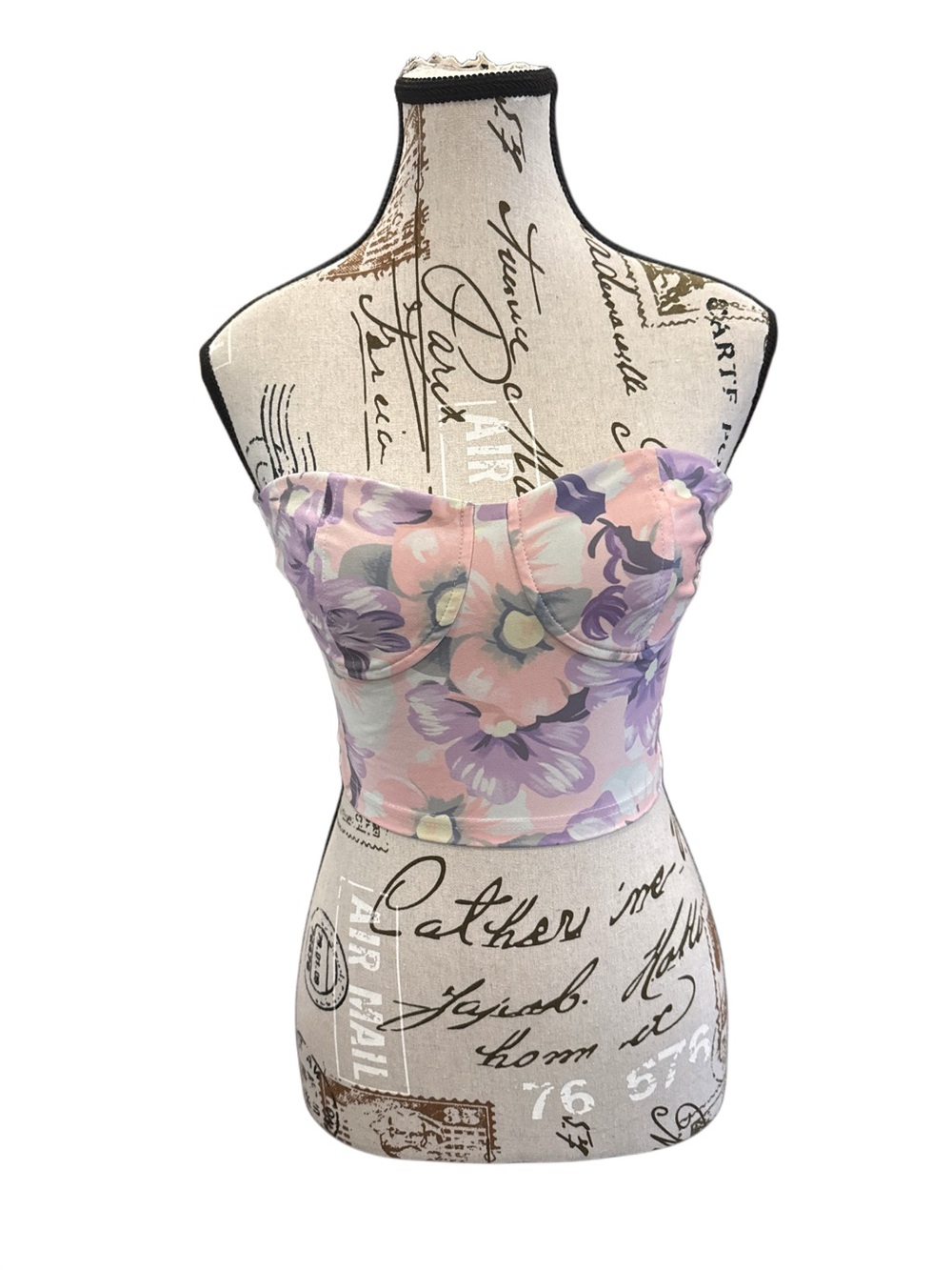 Floral Strapless Bustier Crop Top - Pink & Lavender